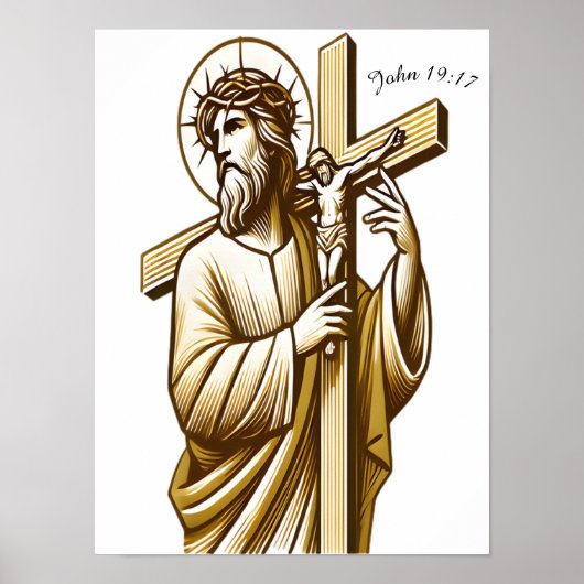 Jezus houdt gouden kruis in devotie poster (Voorkant)