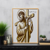 Jezus houdt gouden kruis in devotie poster