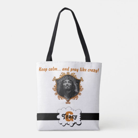 Jezus houdt kalm en bidt als een gekke monogramzak tote bag (Achterkant)