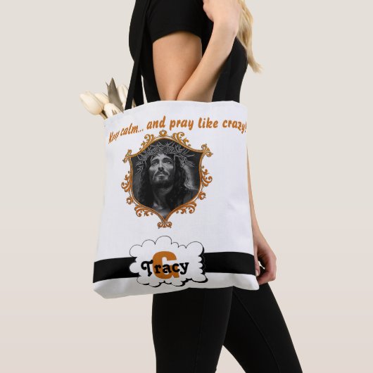 Jezus houdt kalm en bidt als een gekke monogramzak tote bag (Dichtbij)