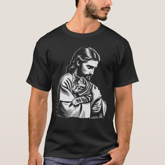 Jezus houdt kat grafisch zwart t-shirt (Voorkant)