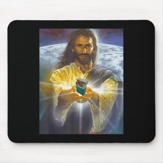 Jezus houdt sigaretten vast, grappige Jezus Muismat (Voorkant)