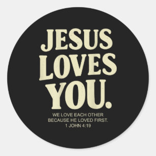 Jezus houdt van christelijke bijbelvers 1 johannes ronde sticker