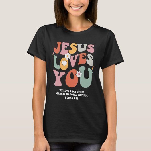 Jezus houdt van je Christelijke bijbel Verse Retro T-shirt (Voorkant)