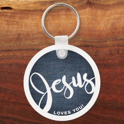 Jezus houdt van je denim cirkel sleutelhanger (Achterkant)