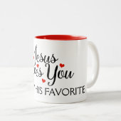 Jezus houdt van je favoriete grappigheid tweekleurige koffiemok (Voorkant rechts)