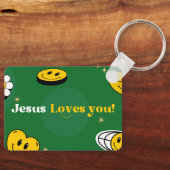 "Jezus houdt van je" Groene glimlach voor kerkgang Sleutelhanger (Voorkant)