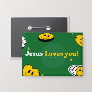 "Jezus houdt van je" Groene Smiley voor Jeugdbodes Button