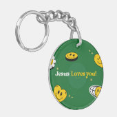 "Jezus houdt van je" Groene Smiley voor kerkganger Sleutelhanger (Voorkant Links)