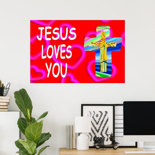 Jezus houdt van je met Christelijk kruis Poster (Thuiskantoor)