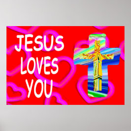 Jezus houdt van je met Christelijk kruis Poster