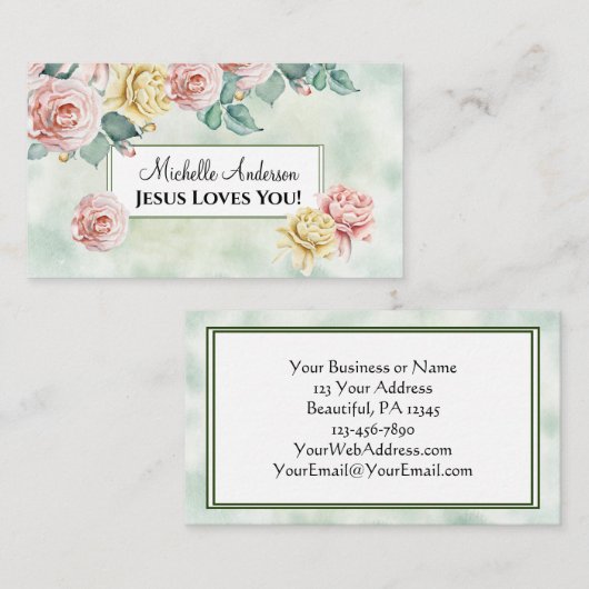 Jezus houdt van je! Mooie roze rozen, bloemig Visitekaartje (Voorkant / Achterkant)