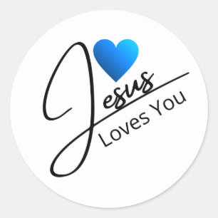 Jezus houdt van je zwarte Script Blauw hart Ronde Sticker