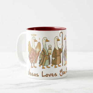 “Jezus houdt van jou, domme gans” • Grappig geloof Tweekleurige Koffiemok