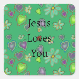 Jezus Houdt Van Jou Paarse Groene Harten Vierkante Sticker