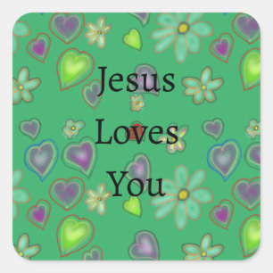 Jezus Houdt Van Jou Paarse Groene Harten Vierkante Sticker