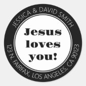 Jezus Houdt van Jou! | Retouradres Zwart & Wit Ronde Sticker (Voorkant)
