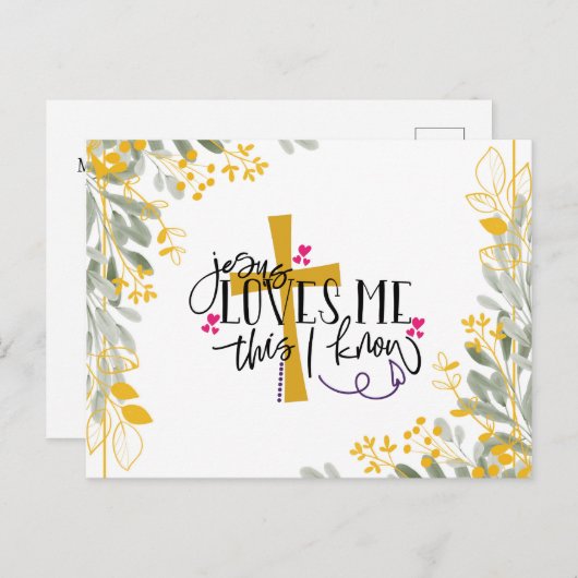Jezus houdt van me, dit weet ik, kruis en bloemen briefkaart (Voorkant / Achterkant)