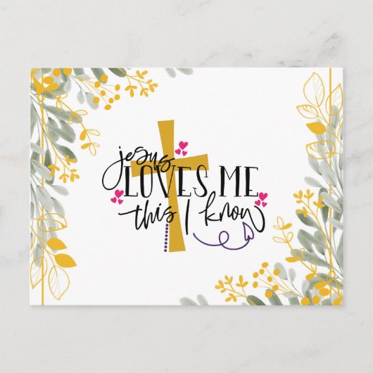 Jezus houdt van me, dit weet ik, kruis en bloemen briefkaart (Voorkant)