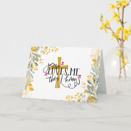 Jezus houdt van me, dit weet ik, kruis en bloemen kaart (Gele Bloem)