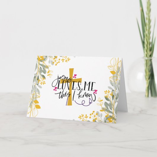 Jezus houdt van me, dit weet ik, kruis en bloemen kaart (Voorkant)