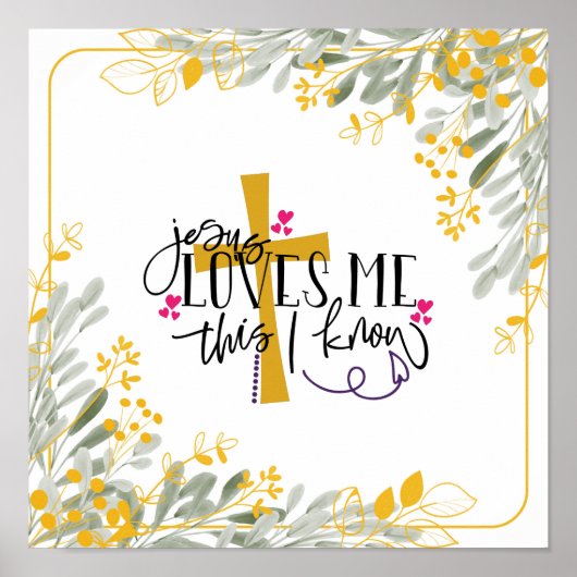 Jezus houdt van me, dit weet ik, kruis en bloemen poster (Voorkant)