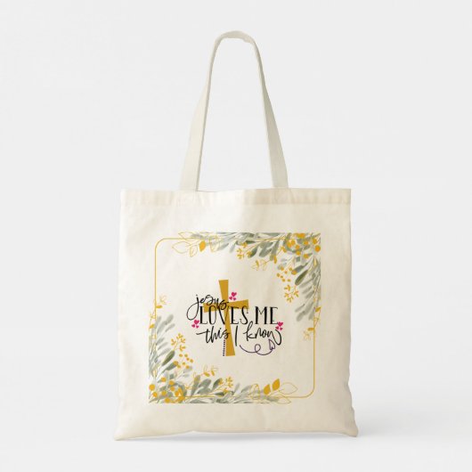 Jezus houdt van me, dit weet ik, kruis en bloemen tote bag (Achterkant)