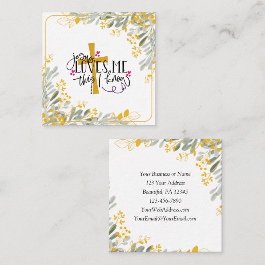 Jezus houdt van me, dit weet ik, kruis en bloemen vierkante visitekaartje (Voorkant / Achterkant)