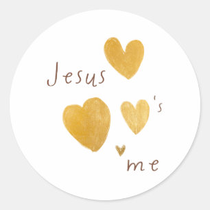 Jezus houdt van mij. Stickers. Gouden Hart Modern Ronde Sticker