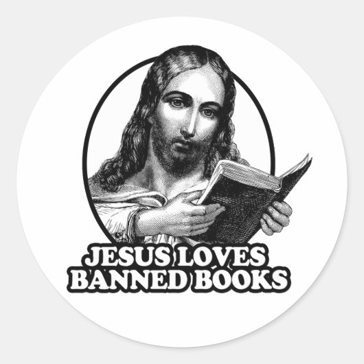 Jezus houdt van verboden boeken ronde sticker (Voorkant)