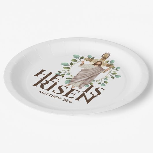 Jezus houten kruis Hij is paasvakantie Papieren Bordje (Gekanteld)