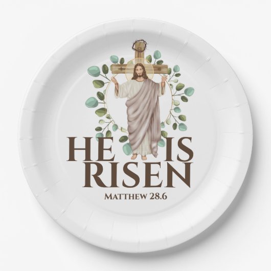 Jezus houten kruis Hij is paasvakantie Papieren Bordje (Voorkant)