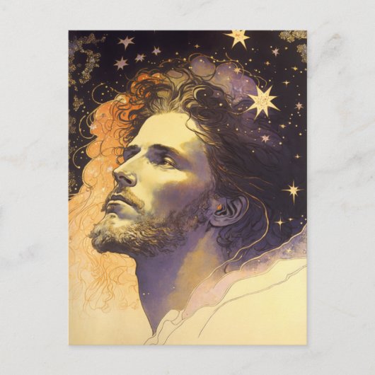 Jezus in de Cosmos door Mucha AI Generated Art Briefkaart (Voorkant)