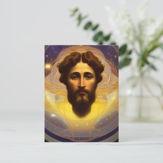 Jezus in de Cosmos door Mucha AI Generated Art Briefkaart (Staand voorkant)