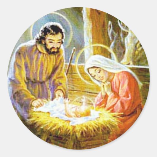 Jezus in de kribbe kerststal ronde sticker (Voorkant)