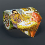 Jezus in de kribbe kerststal stropdas<br><div class="desc">De baby ligt in de kribbe, waar Jozef en Maria aanbiddend naar hun wonderen kijken. Een heerlijk traditionele kerststal.</div>