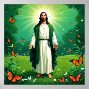 Jezus in een tuin omringd door vlinders poster