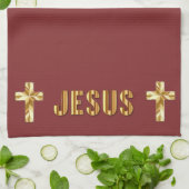 Jezus in goud op de Burgundy Kitchen Towels Theedoek (Gevouwen)