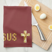 Jezus in goud op de Burgundy Kitchen Towels Theedoek (Quarter Fold)