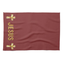 Jezus in goud op de Burgundy Kitchen Towels