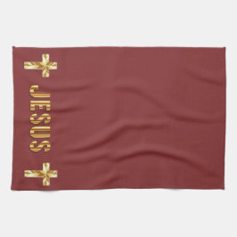 Jezus in goud op de Burgundy Kitchen Towels Theedoek