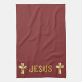 Jezus in goud op de Burgundy Kitchen Towels Theedoek (Verticaal)