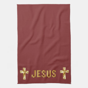 Jezus in goud op de Burgundy Kitchen Towels Theedoek