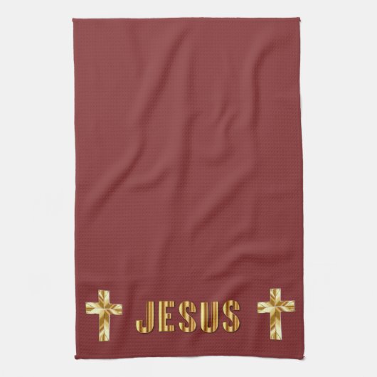 Jezus in goud op de Burgundy Kitchen Towels Theedoek (Verticaal)