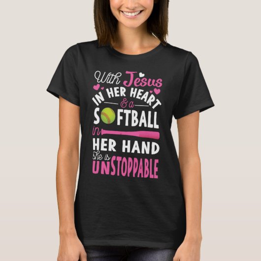 Jezus in haar hart Softbal Hand Grappige Pitcher G T-shirt (Voorkant)