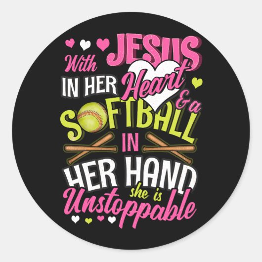 Jezus in haar hart softbal in haar hand ze is uns ronde sticker (Voorkant)