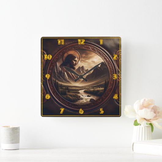 Jezus in het majestueuze berglandschap bij zonsond vierkante klok (Huis)