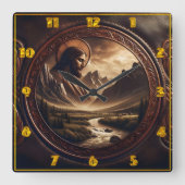 Jezus in het majestueuze berglandschap bij zonsond vierkante klok (Voorkant)