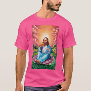 Jezus in het park geniet van een hotdog t-shirt