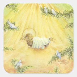 Jezus in kribbe met duiven Kerst stickers